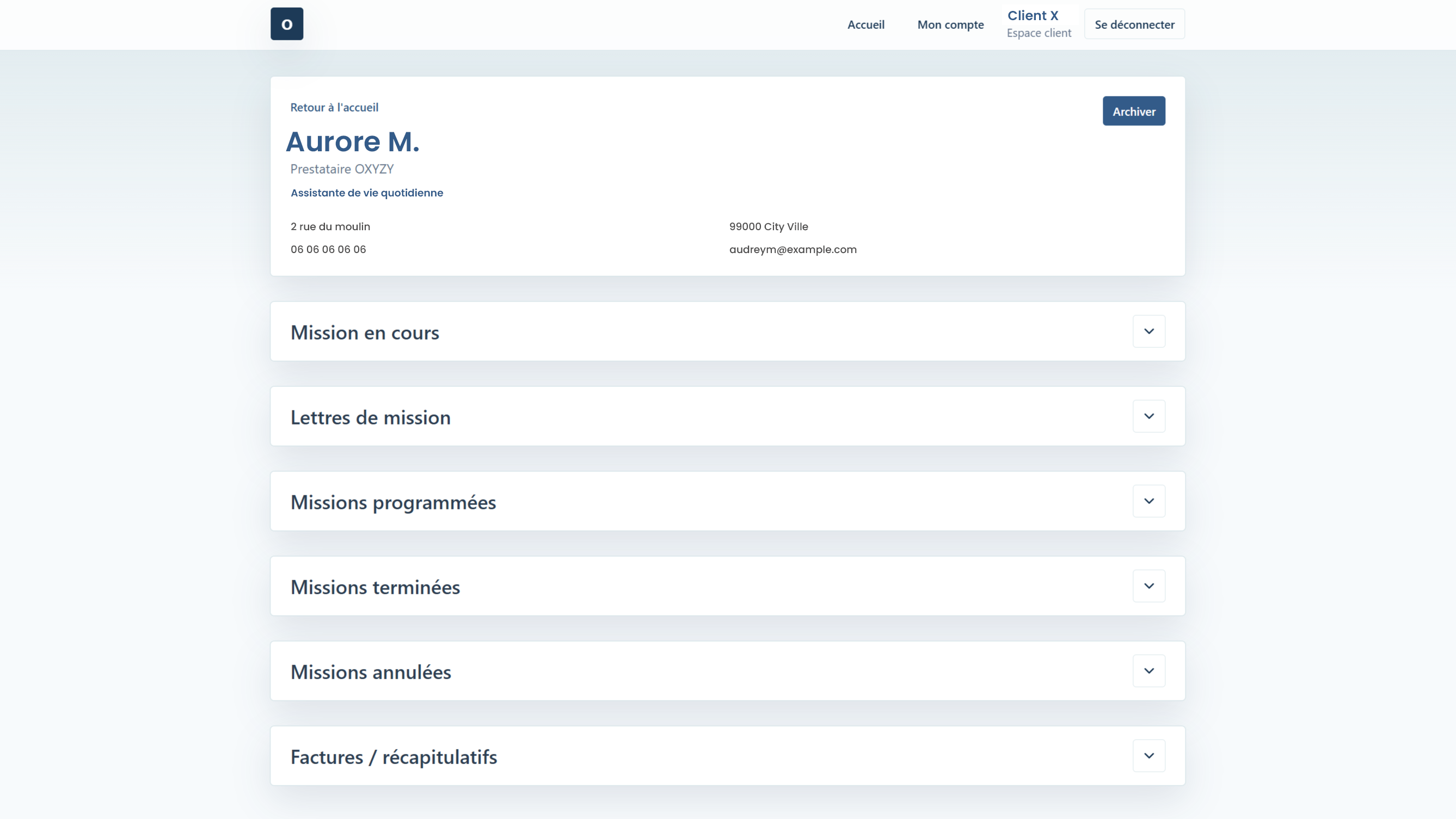 Espace client OXYZY : lettres de mission, missions programmées et terminées, factures et récapitulatifs.